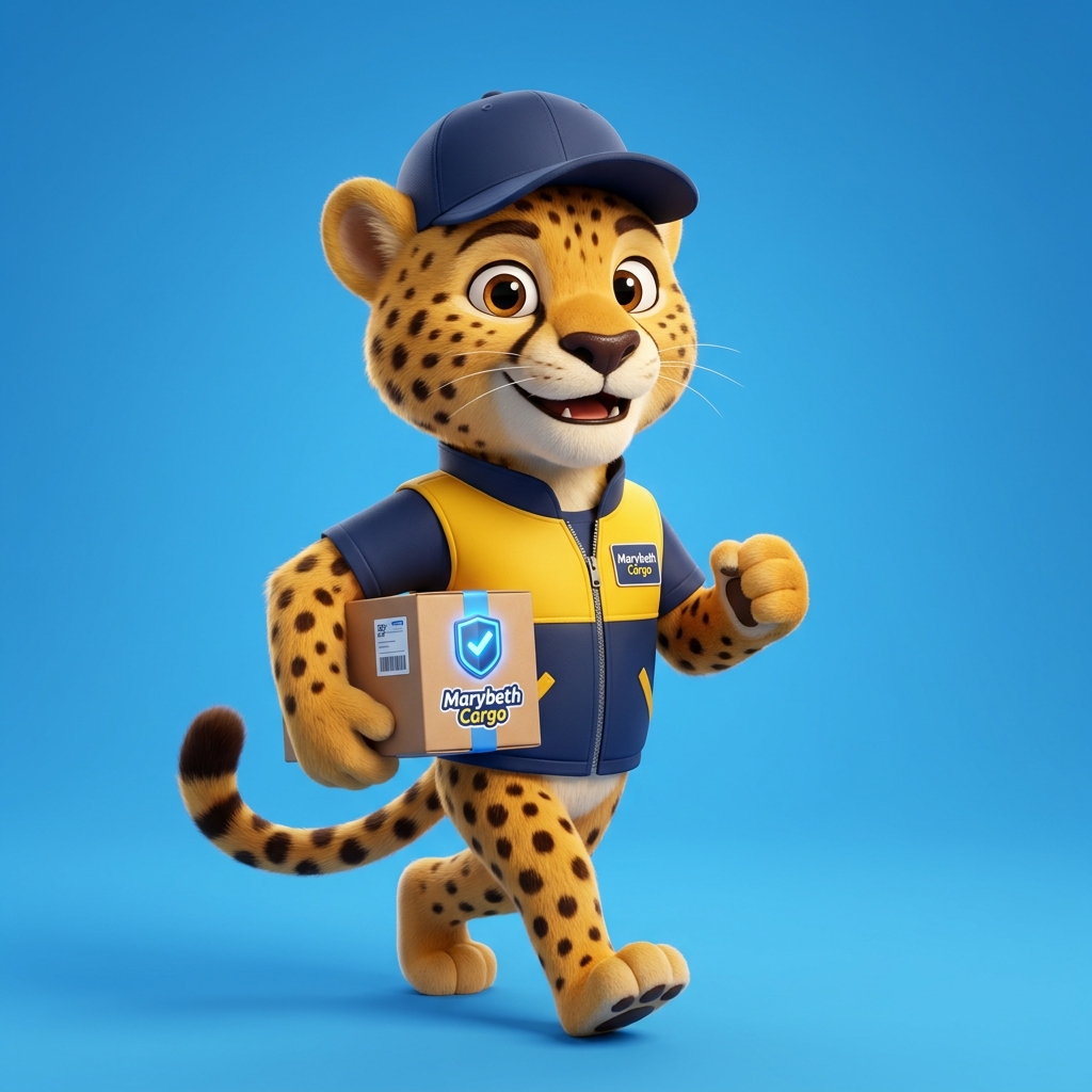 Marybeth Cargo cheetah courier mascot holding a parcel